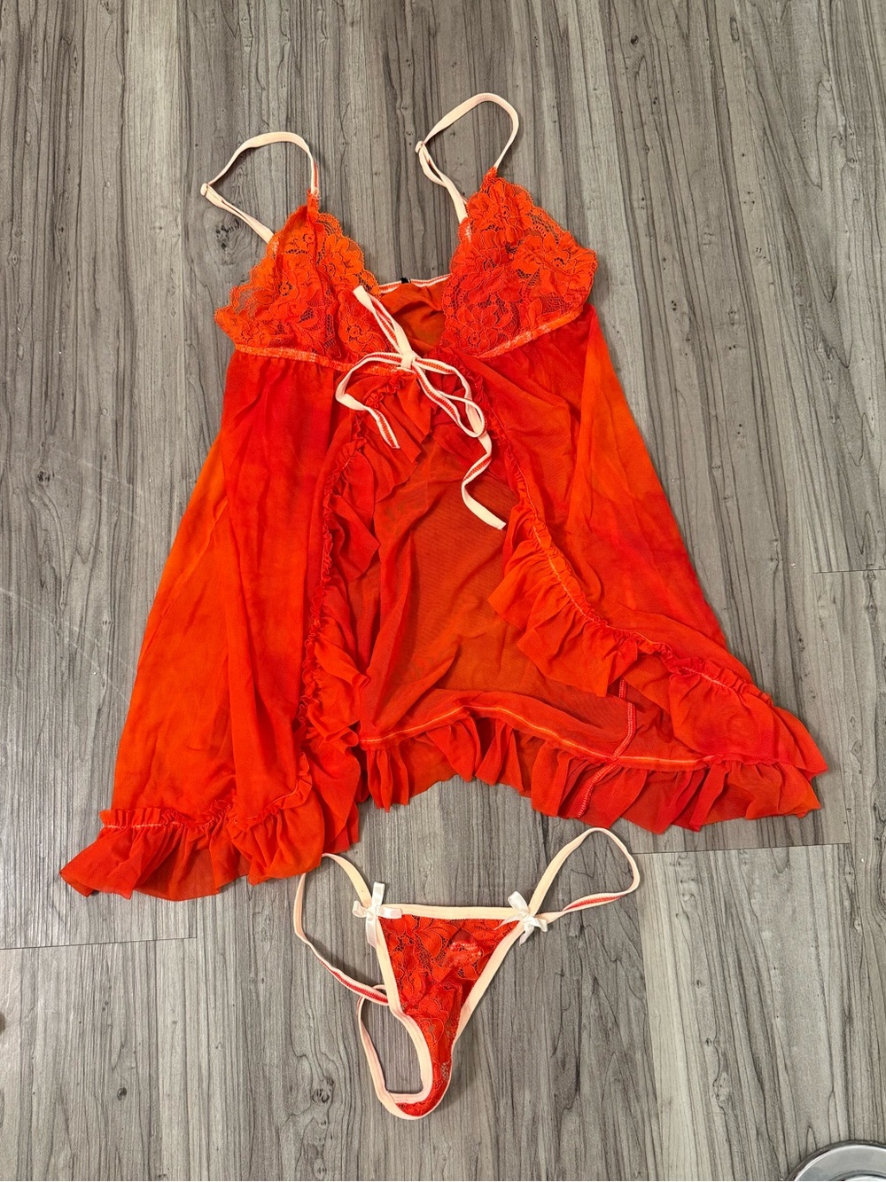 Hand-dyed orange-red Lace & Mesh Babydoll Chemise with G-String